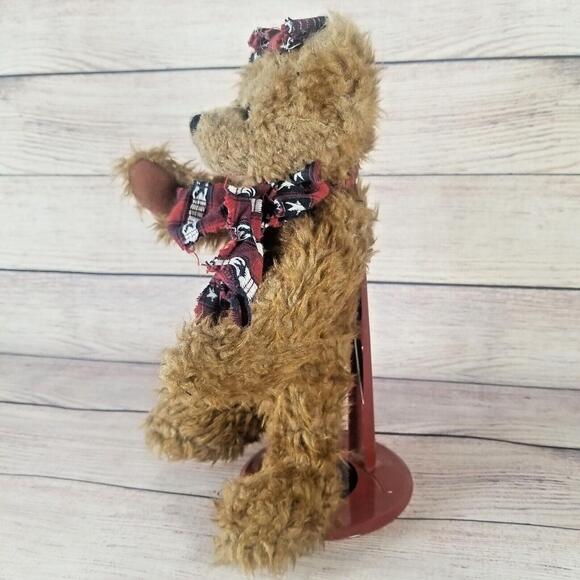 Plush Patriotic Bear 10" Fully Jointed Brown Bear Red Blue White Star Scarf, Bow - Picture 2 of 9